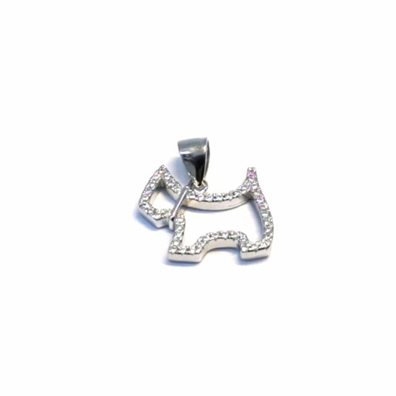 White stone contoured dog pendant in hallmarked, rhodium-plated 925 sterling silver – alternate front view – DRESCHER Jewellery®