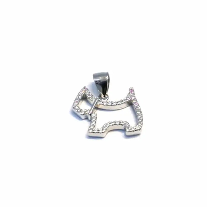 White stone contoured dog pendant in hallmarked, rhodium-plated 925 sterling silver – front view – DRESCHER Jewellery®
