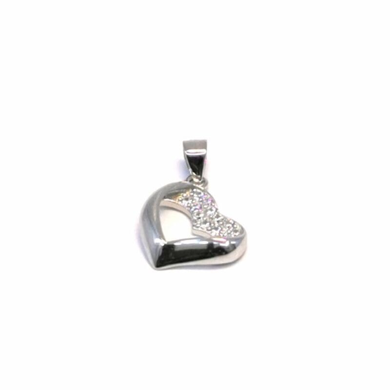 White stone contoured heart pendant in hallmarked, rhodium-plated 925 sterling silver – alternate front view – DRESCHER Jewellery®