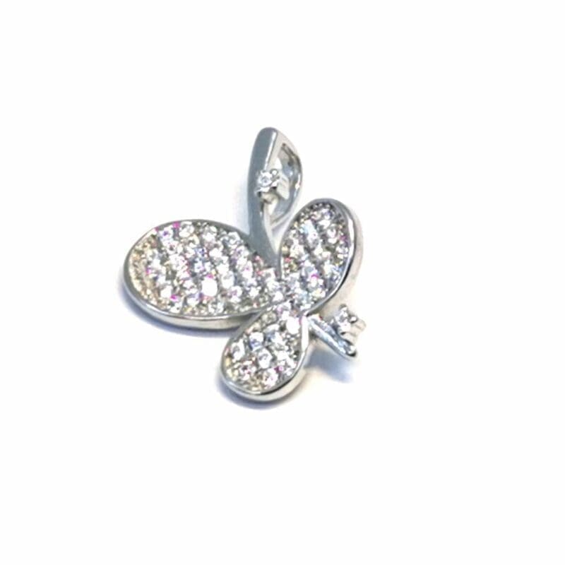 White stone butterfly pendant in hallmarked, rhodium-plated 925 sterling silver – alternate front view – DRESCHER Jewellery®