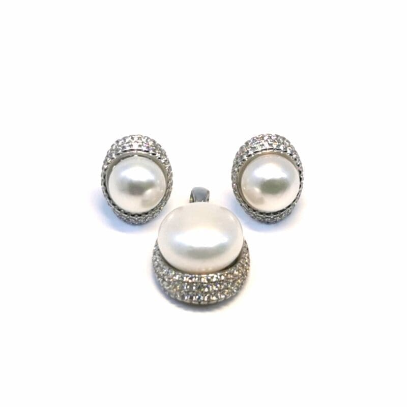 White stone oval pearl silver stud earrings with pendant, with silver components crafted from hallmarked, rhodium-plated 925 sterling silver – alternate front view – DRESCHER Jewellery®