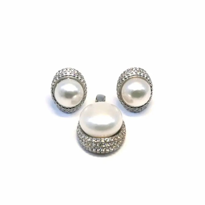 White stone oval pearl silver stud earrings with pendant, with silver components crafted from hallmarked, rhodium-plated 925 sterling silver – front view – DRESCHER Jewellery®