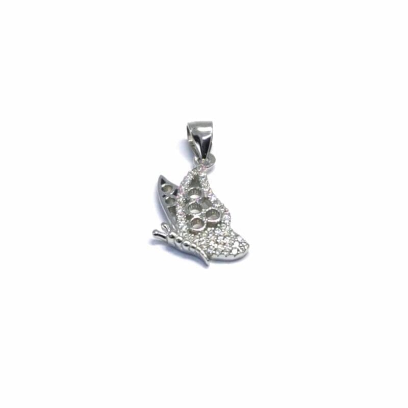 White stone butterfly pendant in hallmarked, rhodium-plated 925 sterling silver – alternate front view – DRESCHER Jewellery®