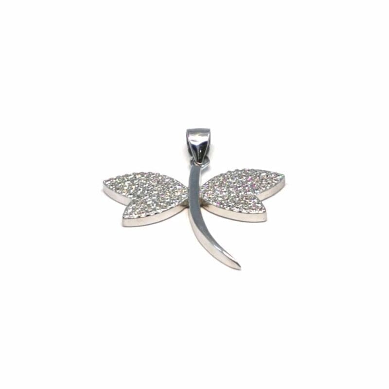 White stone dragonfly pendant in hallmarked, rhodium-plated 925 sterling silver – alternate front view – DRESCHER Jewellery®