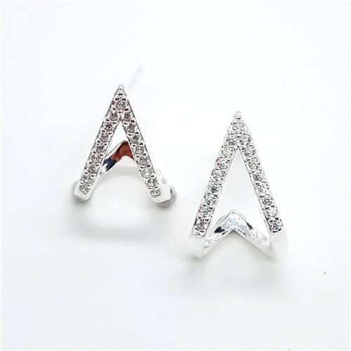 V-shaped white stone stud earrings in hallmarked, rhodium-plated 925 sterling silver – front view – DRESCHER Jewellery®