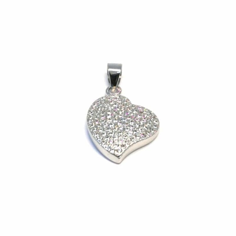 White heart pendant with many stones in hallmarked, rhodium-plated 925 sterling silver – alternate front view – DRESCHER Jewellery®