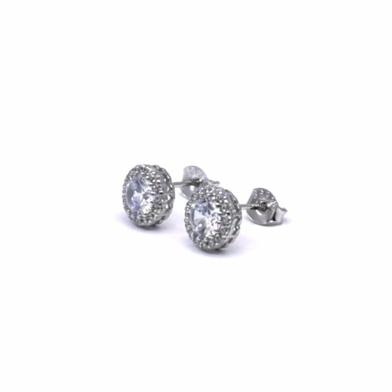 Round halo white stone stud earrings in hallmarked, rhodium-plated 925 sterling silver – angled view – DRESCHER Jewellery®