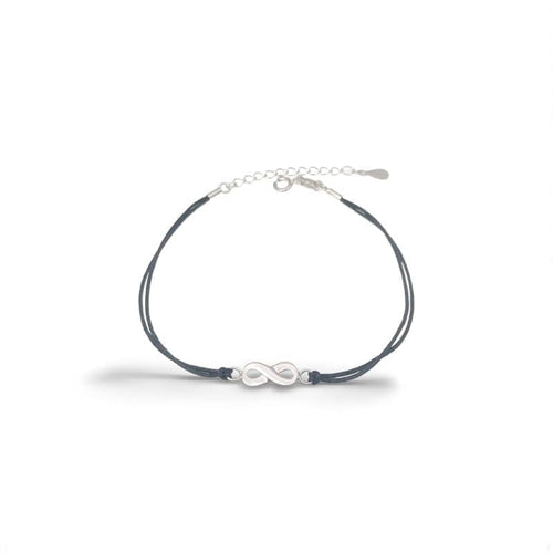 Black cotton anklet with hallmarked, rhodium-plated 925 sterling silver infinity symbol – front view – DRESCHER Jewellery®