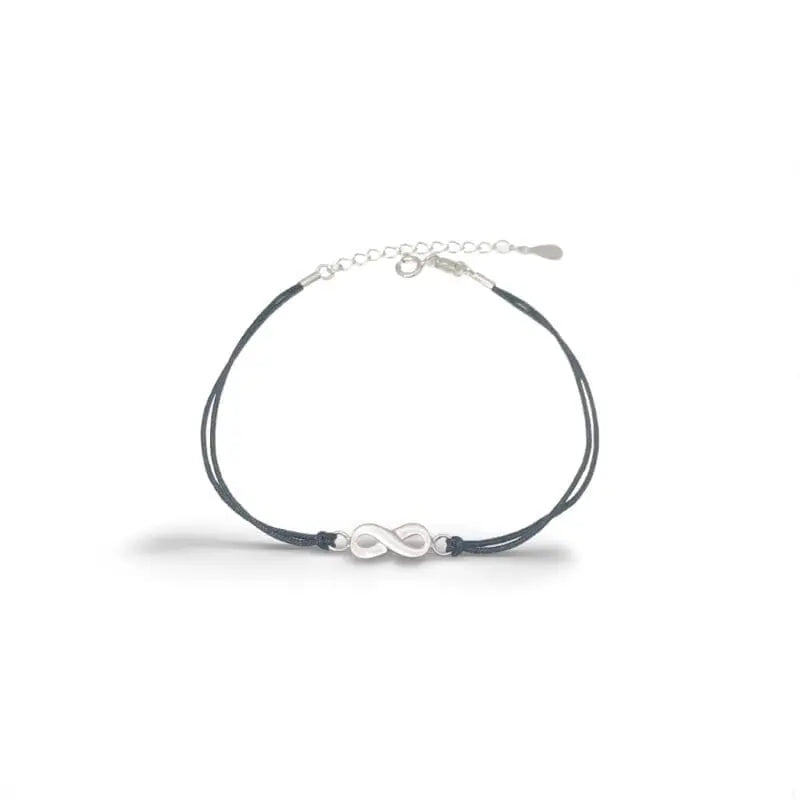 Black cotton anklet with hallmarked, rhodium-plated 925 sterling silver infinity symbol – front view – DRESCHER Jewellery®