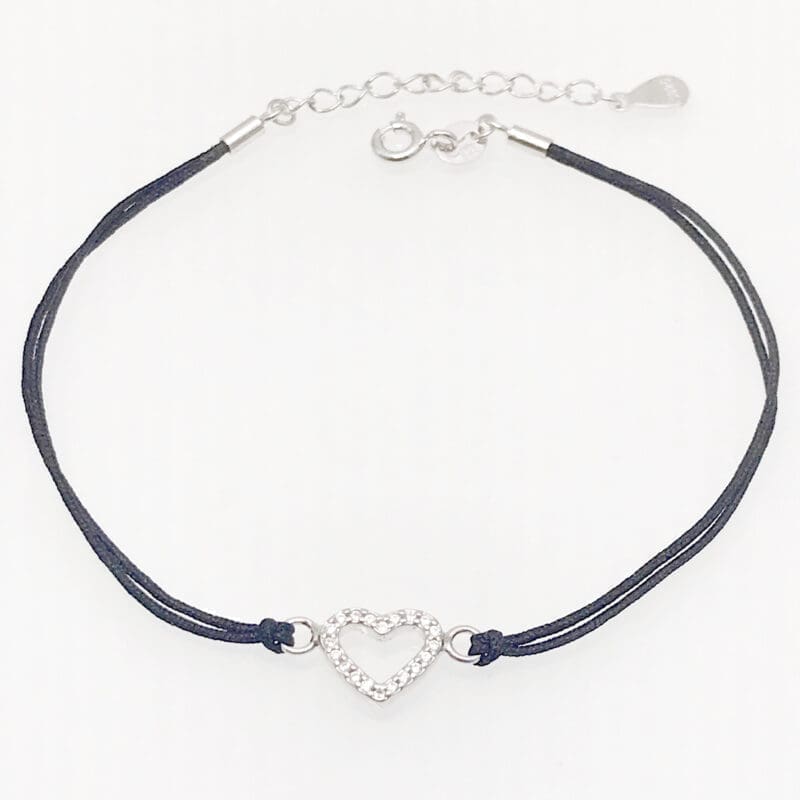 Black cotton with white stones silver heart ankle chain 23cm+3cm extender in hallmarked, rhodium-plated 925 sterling silver – alternate front view – DRESCHER Jewellery®