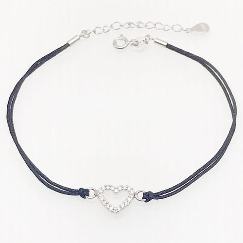 Black cotton with white stones silver heart ankle chain 23cm+3cm extender in hallmarked, rhodium-plated 925 sterling silver – alternate front view – DRESCHER Jewellery®