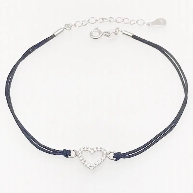 Black cotton with white stones silver heart ankle chain 23cm+3cm extender in hallmarked, rhodium-plated 925 sterling silver – front view – DRESCHER Jewellery®