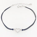 Black cotton with white stones silver heart ankle chain 23cm+3cm extender