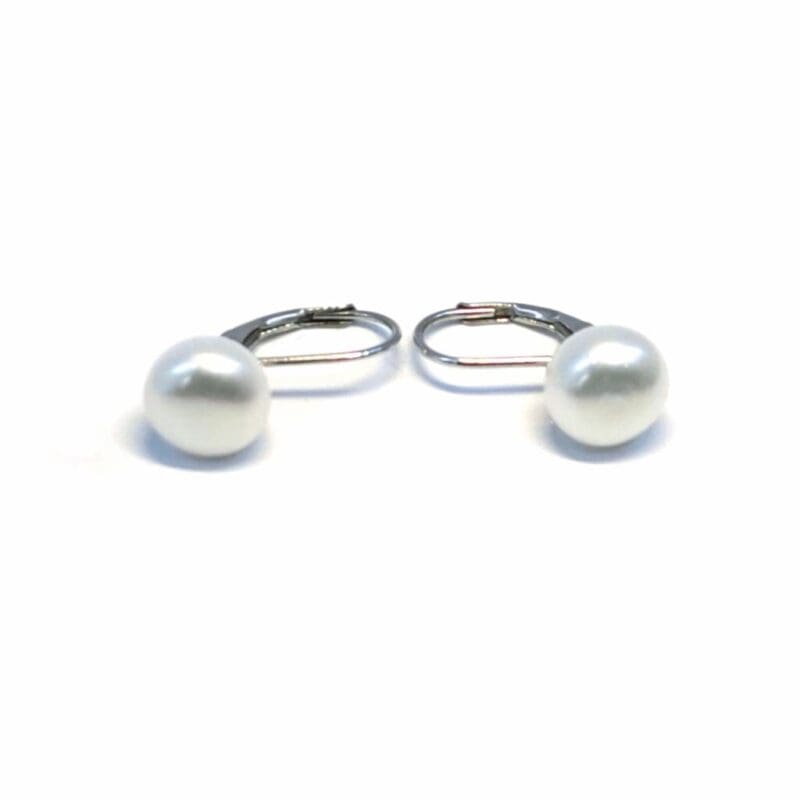 Pearl silver earrings with patent closure, with silver components crafted from hallmarked, rhodium-plated 925 sterling silver – alternate front view – DRESCHER Jewellery®