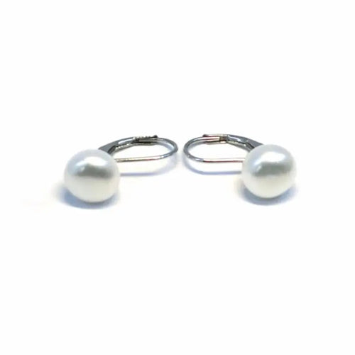 Pearl silver earrings with patent closure, with silver components crafted from hallmarked, rhodium-plated 925 sterling silver – front set view – DRESCHER Jewellery®