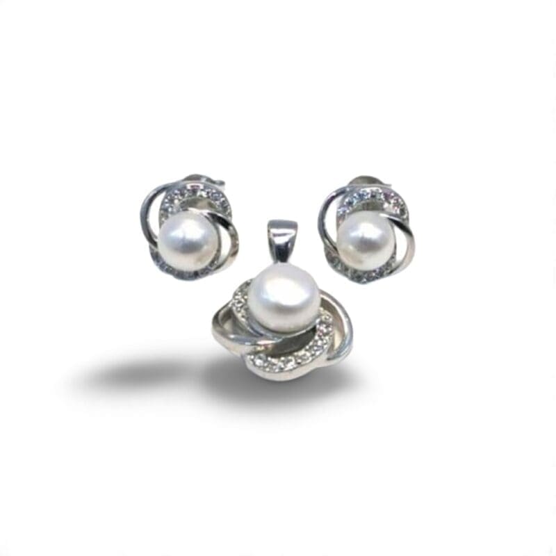 Pearl silver stud earrings and pendant with white stone, with silver components crafted from hallmarked, rhodium-plated 925 sterling silver – alternate front view – DRESCHER Jewellery®