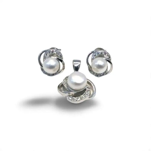 Pearl silver stud earrings and pendant with white stone, with silver components crafted from hallmarked, rhodium-plated 925 sterling silver – front view – DRESCHER Jewellery®