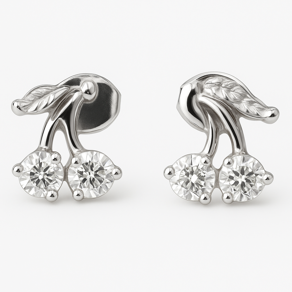 white stone cherry earrings in hallmarked, rhodium-plated 925 sterling silver – detail view – DRESCHER Jewellery®