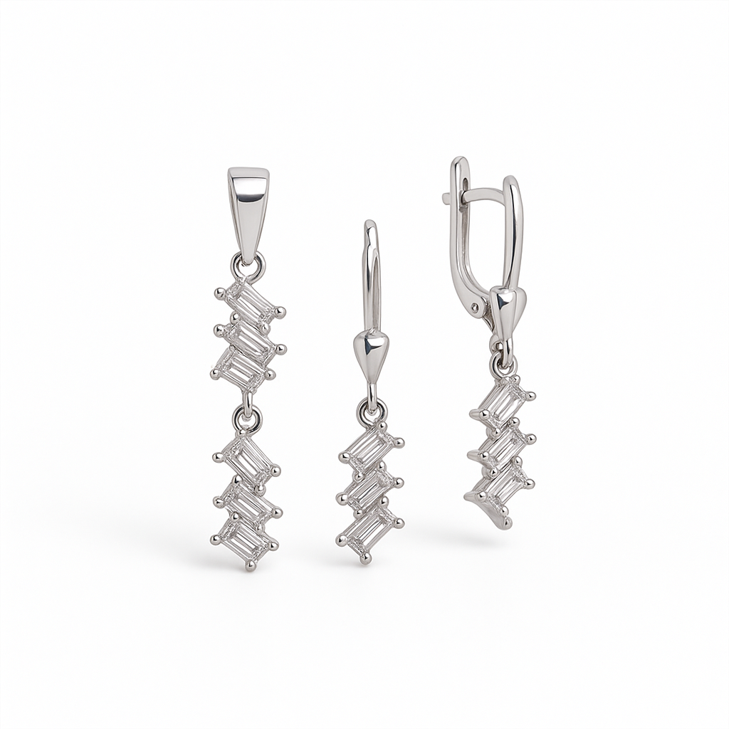 white stone hanging jewellery set in hallmarked, rhodium-plated 925 sterling silver – detail view – DRESCHER Jewellery®