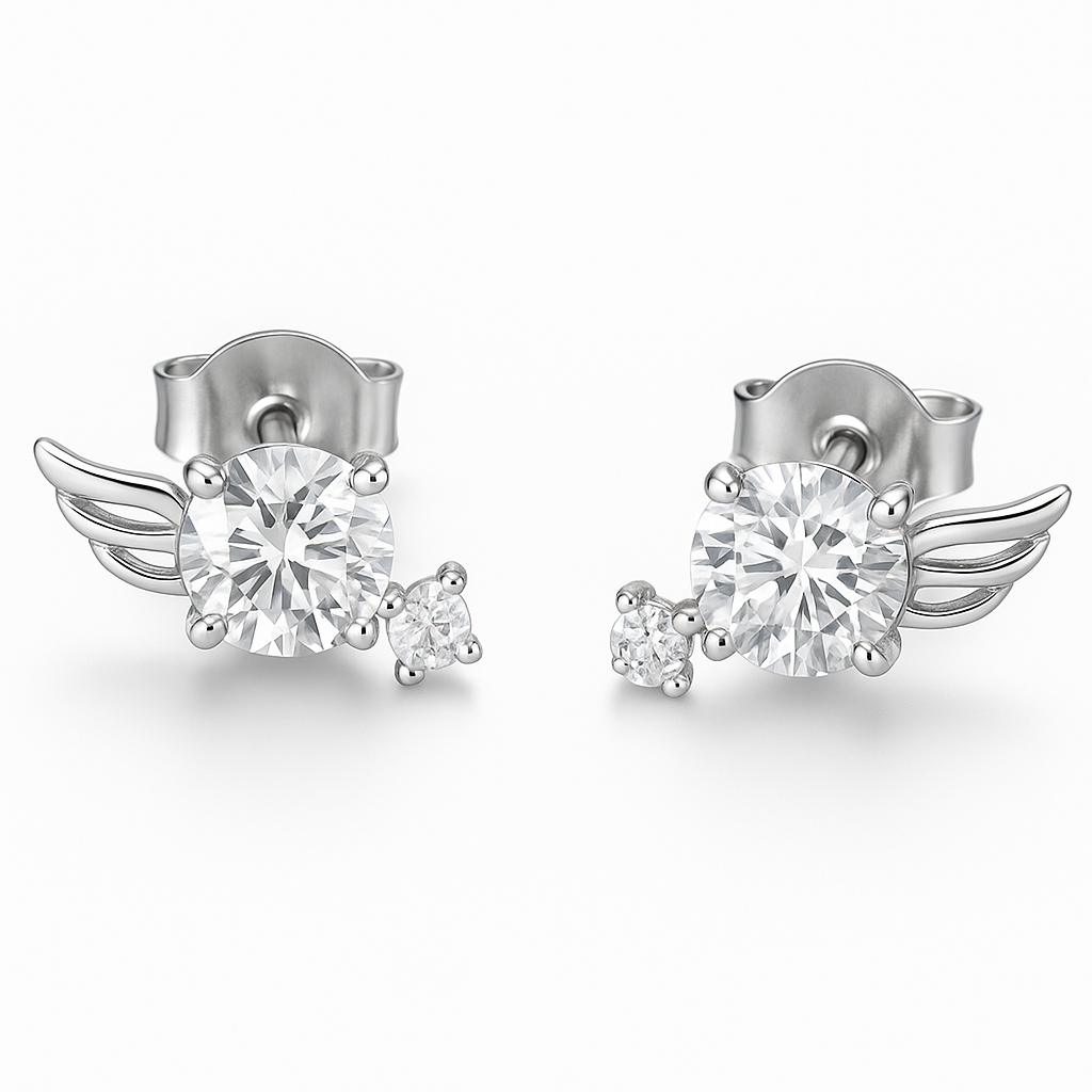 white stone angel wing earrings in hallmarked, rhodium-plated 925 sterling silver – detail view – DRESCHER Jewellery®