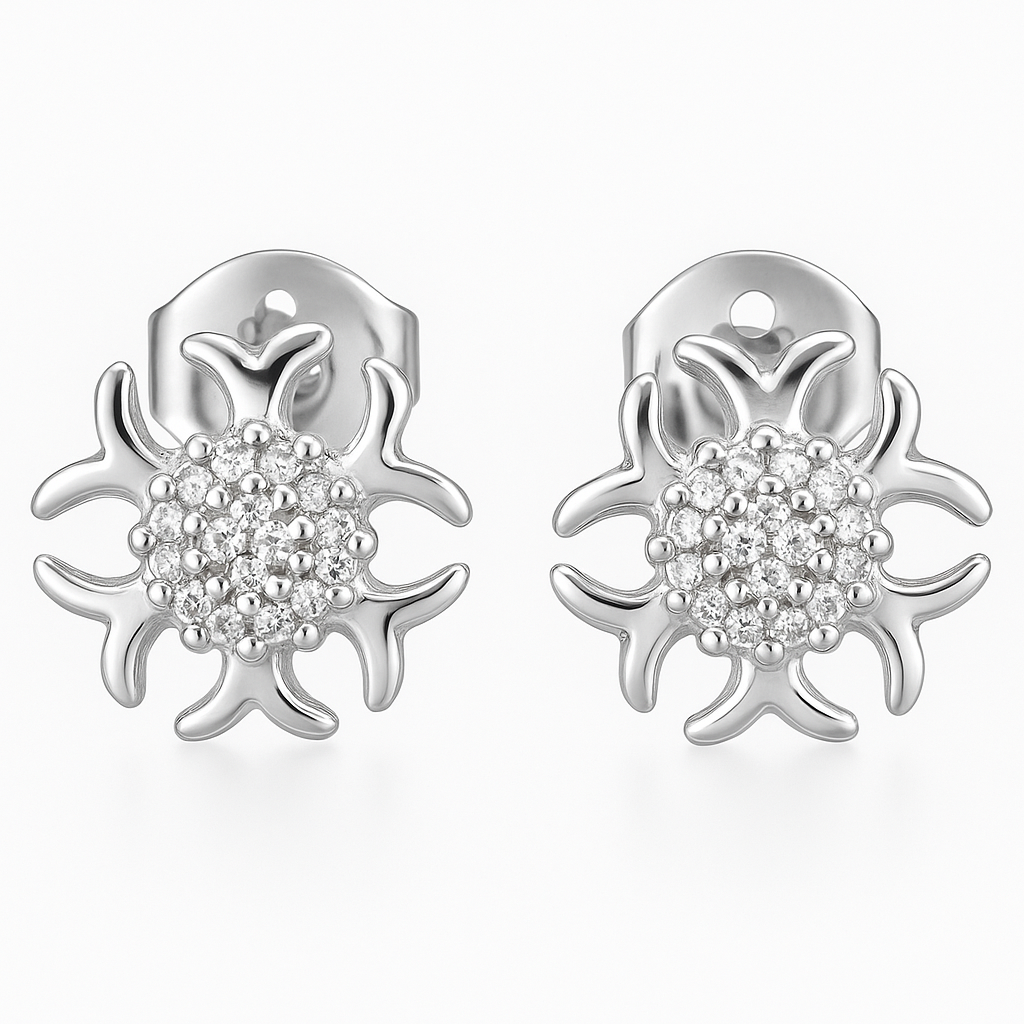 snowflake white stone earrings in hallmarked, rhodium-plated 925 sterling silver – detail view – DRESCHER Jewellery®