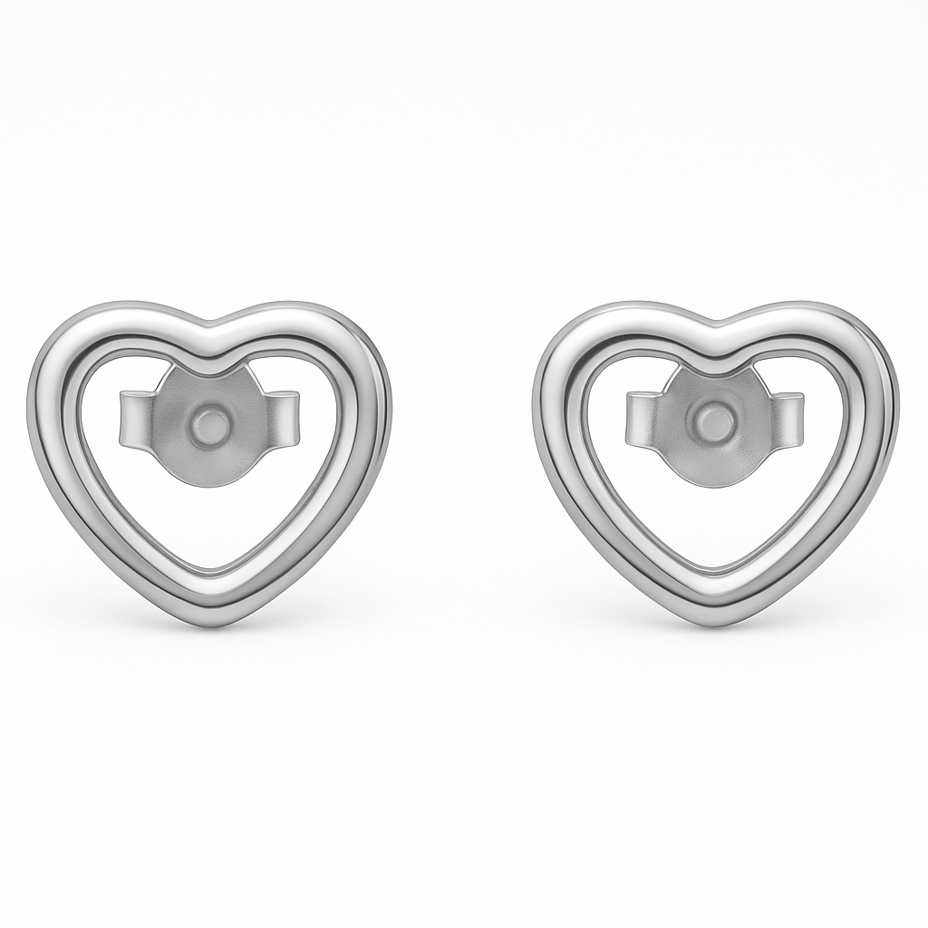 heart contour earrings in hallmarked, rhodium-plated 925 sterling silver – back view showing posts and butterfly clasps – DRESCHER Jewellery®