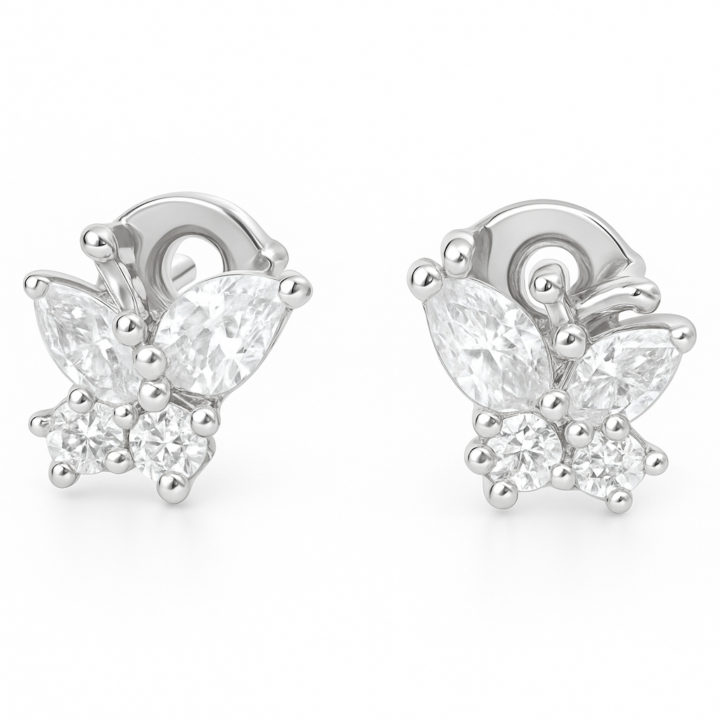 White stone butterfly stud earrings in hallmarked, rhodium-plated 925 sterling silver – front view – DRESCHER Jewellery®