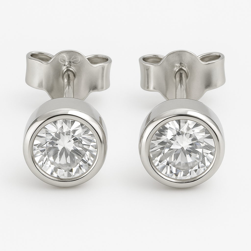 white stone button earrings in hallmarked, rhodium-plated 925 sterling silver – detail view – DRESCHER Jewellery®
