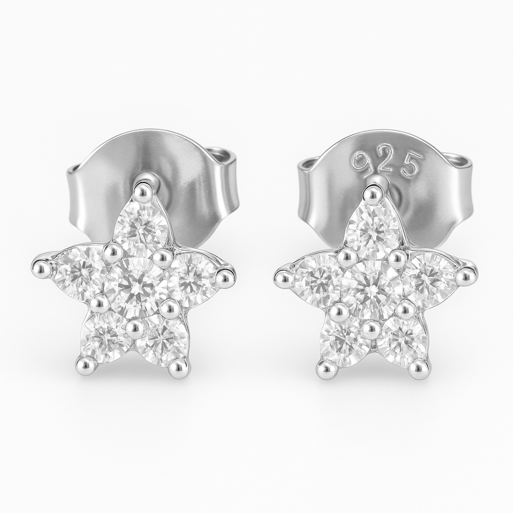 white stone flower earrings in hallmarked, rhodium-plated 925 sterling silver – detail view – DRESCHER Jewellery®