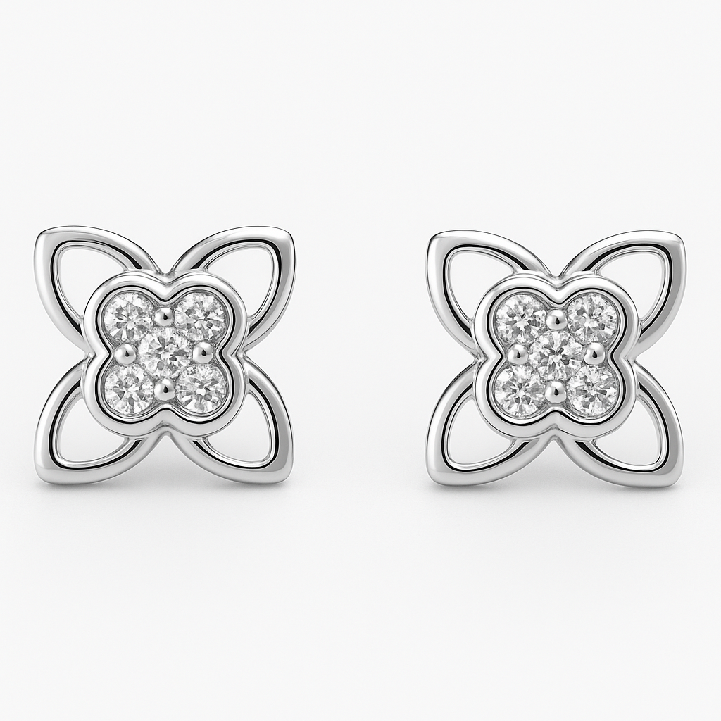 Four-petal white stone flower stud earrings in hallmarked, rhodium-plated 925 sterling silver – front view – DRESCHER Jewellery®