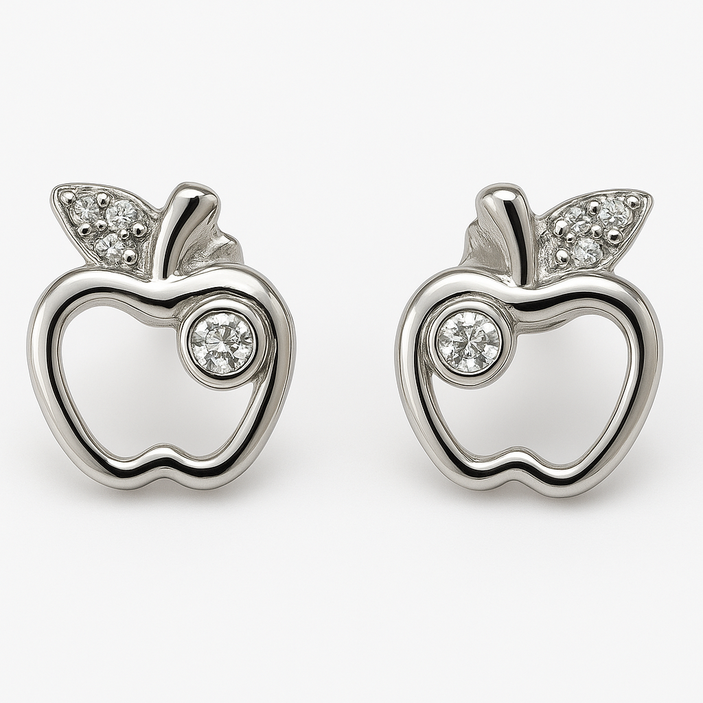white stone apple contour earrings in hallmarked, rhodium-plated 925 sterling silver – detail view – DRESCHER Jewellery®