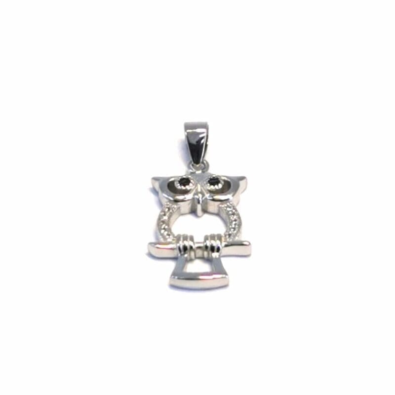 Owl pendant with stones in hallmarked, rhodium-plated 925 sterling silver – alternate front view – DRESCHER Jewellery®