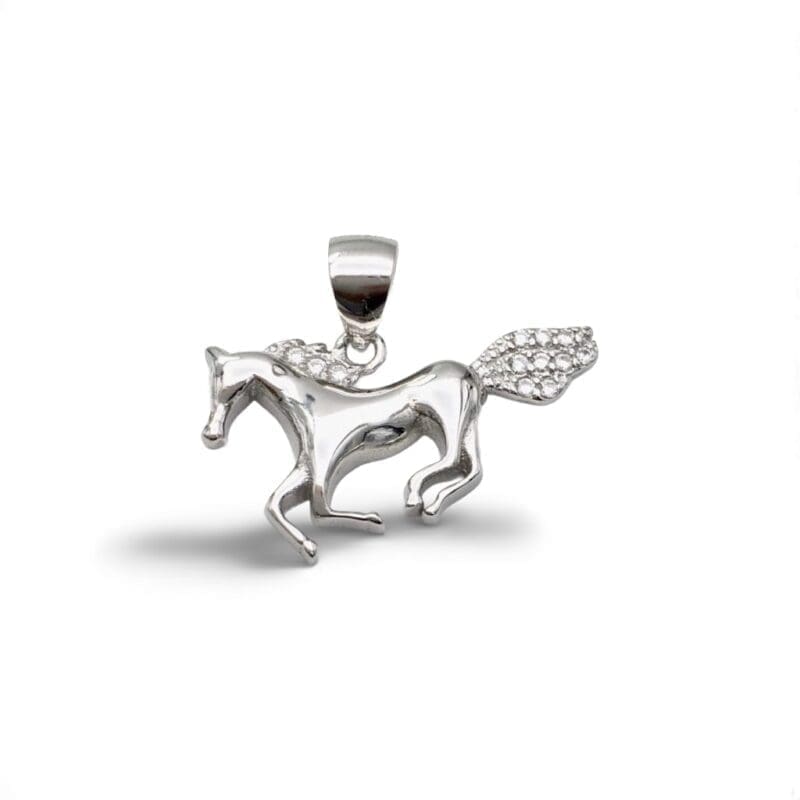 Horse pendant with stones in hallmarked, rhodium-plated 925 sterling silver – alternate front view – DRESCHER Jewellery®