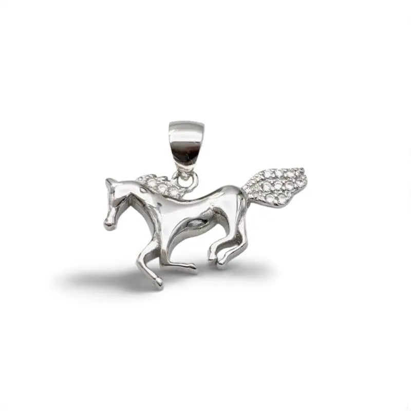 Horse pendant with stones in hallmarked, rhodium-plated 925 sterling silver – front view – DRESCHER Jewellery®