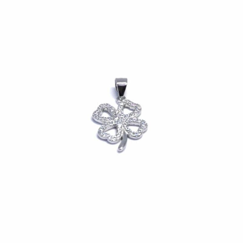 Shamrock pendant with stones in hallmarked, rhodium-plated 925 sterling silver – alternate front view – DRESCHER Jewellery®