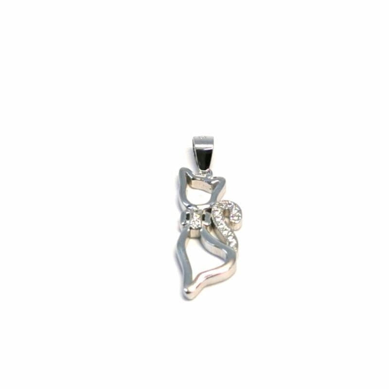 Pebbled collar cat pendant in hallmarked, rhodium-plated 925 sterling silver – alternate front view – DRESCHER Jewellery®