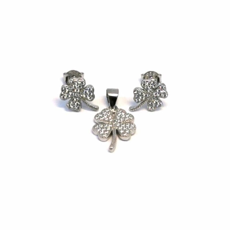 Shamrock silver stud earrings with pendant in hallmarked, rhodium-plated 925 sterling silver – front set view – DRESCHER Jewellery®