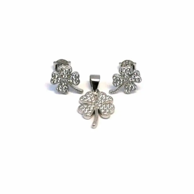 Shamrock silver stud earrings with pendant in hallmarked, rhodium-plated 925 sterling silver – front set view – DRESCHER Jewellery®