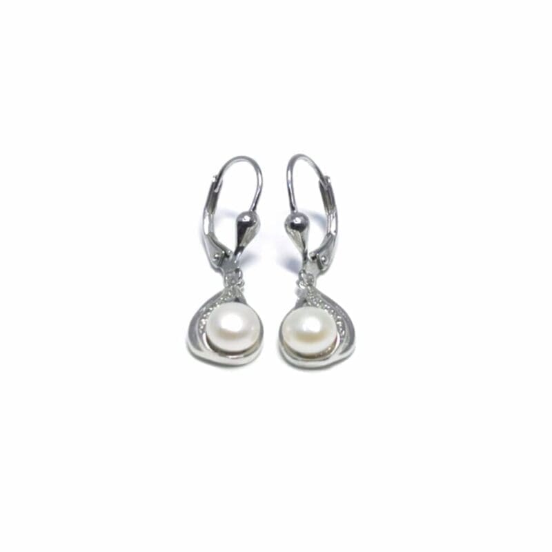 Patent closure white stone pearl hanging earrings, with silver components crafted from hallmarked, rhodium-plated 925 sterling silver – alternate front view – DRESCHER Jewellery®