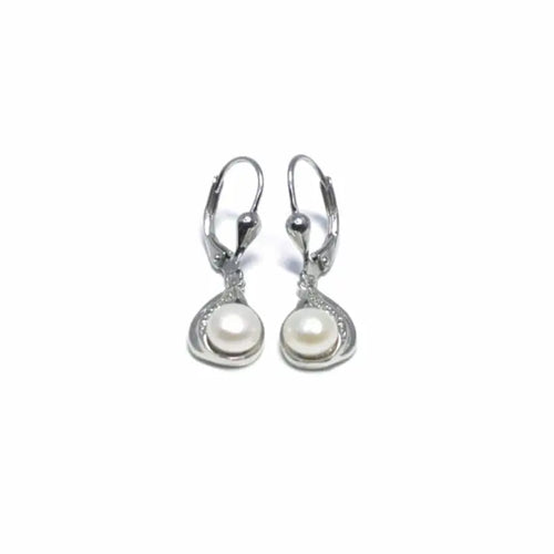 Patent closure white stone pearl hanging earrings, with silver components crafted from hallmarked, rhodium-plated 925 sterling silver – front view – DRESCHER Jewellery®