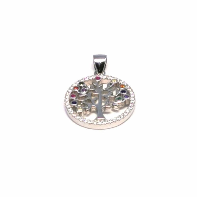 Colourful stone tree of life pendant in hallmarked, rhodium-plated 925 sterling silver – alternate front view – DRESCHER Jewellery®