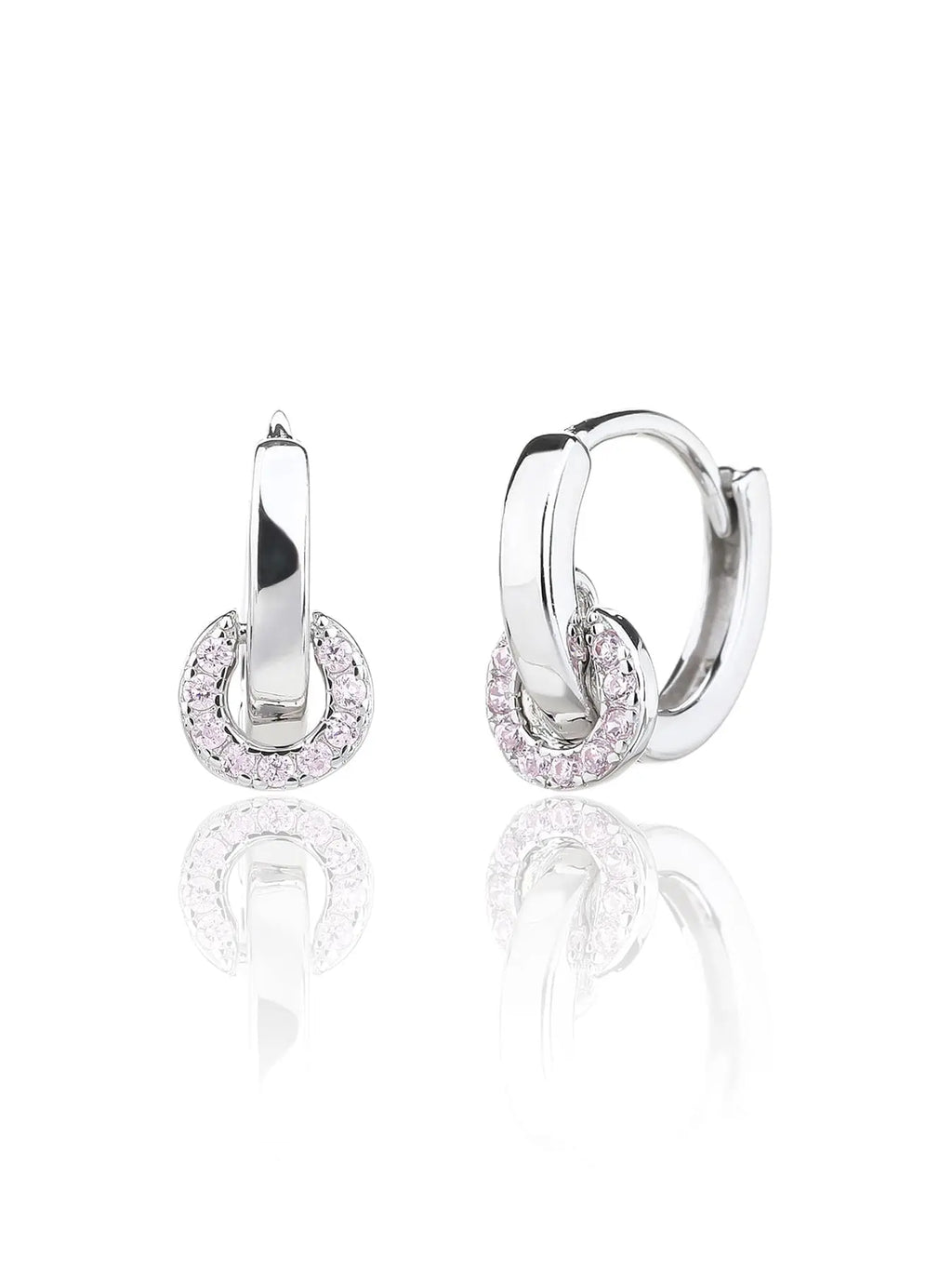 pink zirconia stone hoop earrings in hallmarked, rhodium-plated 925 sterling silver – front and side views – DRESCHER Jewellery®