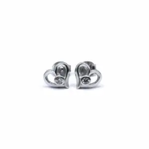Silver white stone button heart contour earrings