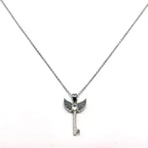 Silberne Kette mit weißem Stein Engelsflügel Schlüsselanhänger