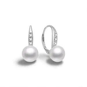 Fehér köves gyöngyös ezüst patentzáras fülbevaló - szemből és oldalról nagyobb bg