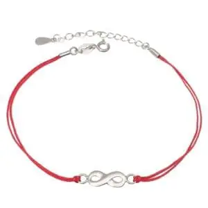 Rotes Baumwoll-Fußkettchen mit silbernem Unendlichkeitszeichen 23cm+3cm Extender