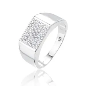 Silver men's ring with white cubic zirconia stones