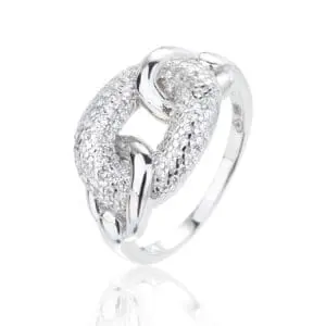Silver link design ring with white cubic zirconia