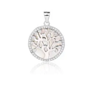 Silberanhänger mit Lebensbaum-Motiv, Zirkonia-Verzierung und Perlmutt-Intarsie