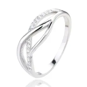 Silver ring with curved motif and white stones